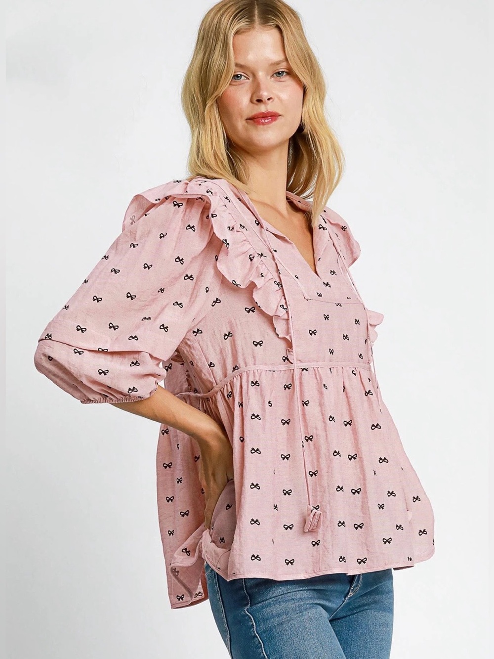 🎀NWT Umgee "Bow🎀 Babydoll Blouse w/3/4 Puff Sleeves w/Ruffles” Mauve💗Black🖤Small - Picture 2 of 14